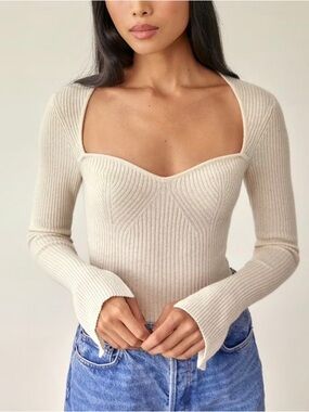Reformation Cream Ribbed Sweetheart Neck Sweater